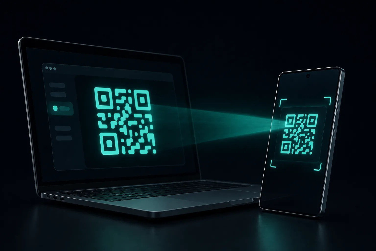 ノートPCの画面に表示されたミント色に光る QR コードを、Android スマートフォンで読み取っているイラスト