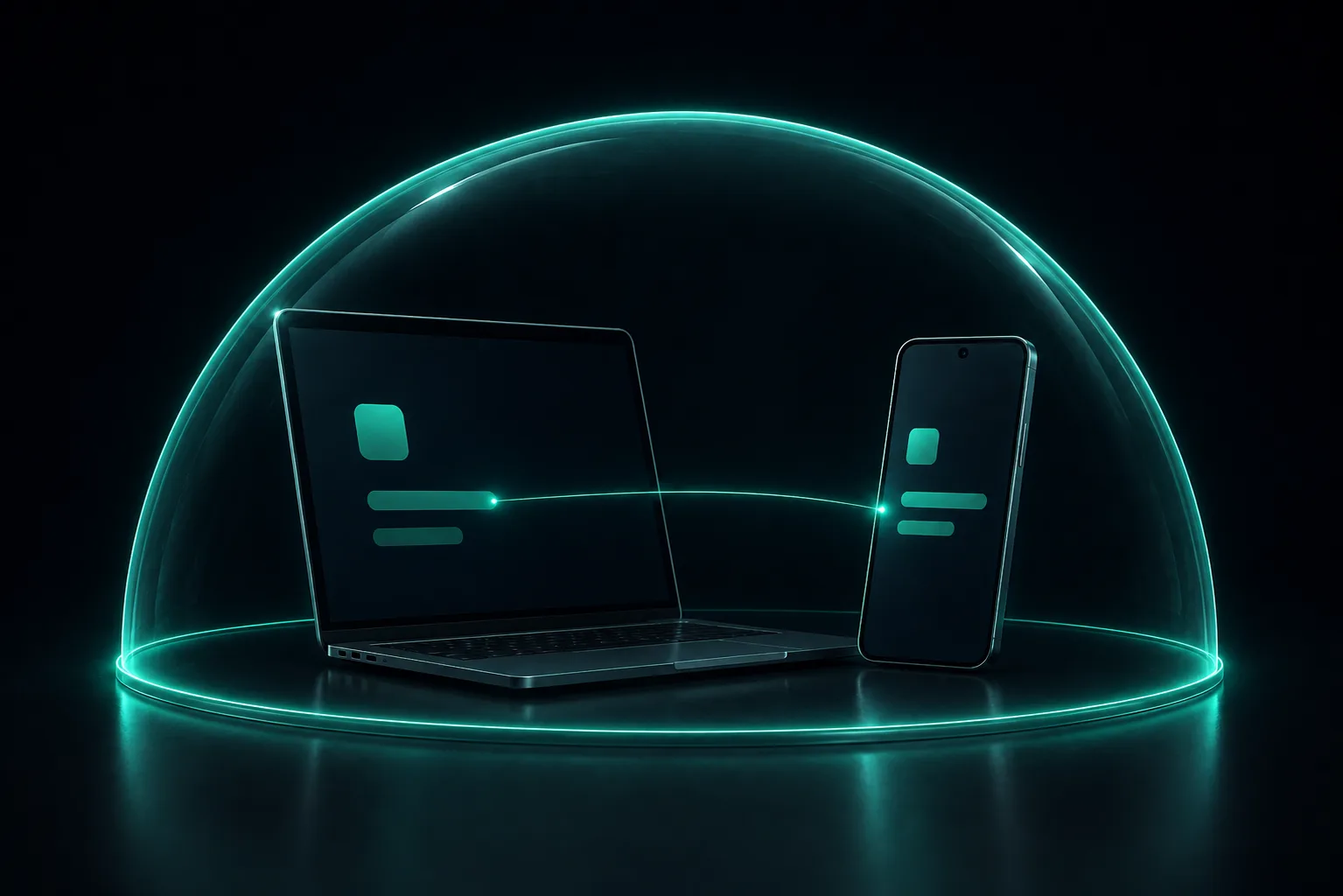 ノートPCと Android スマートフォンが、ミント色に光る半透明のドームにまとめて覆われているイラスト